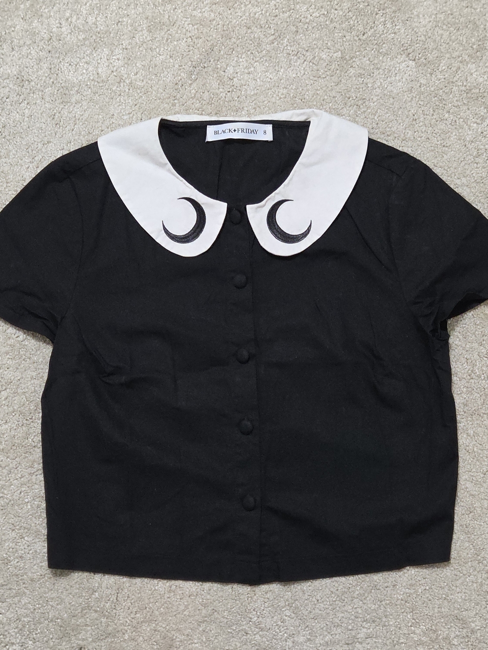 Black & White Moon Collar Button-Down Top - Black